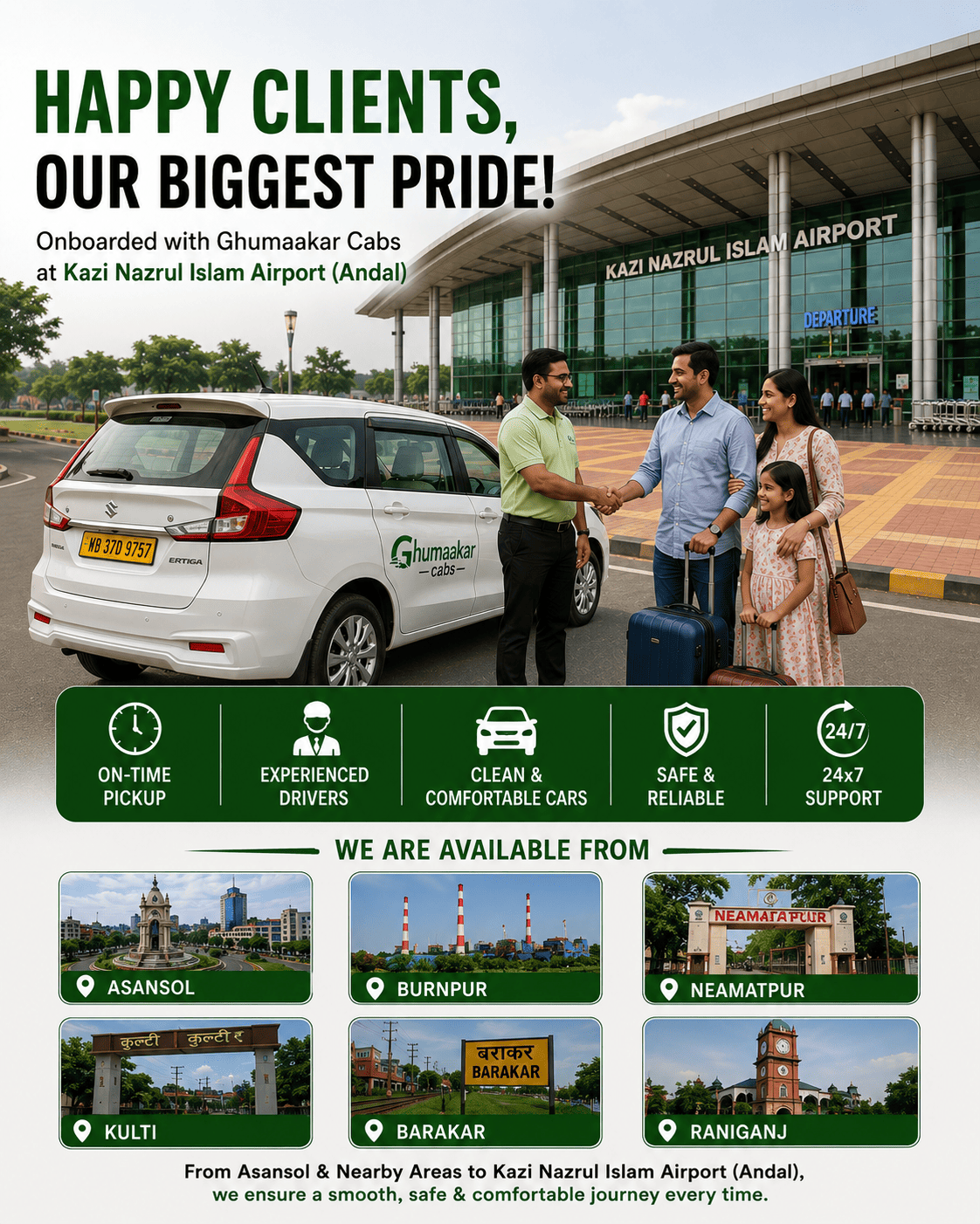 Kazi Nazrul Islam Airport taxi service from Asansol and nearby areas by Ghumaakar Cabs