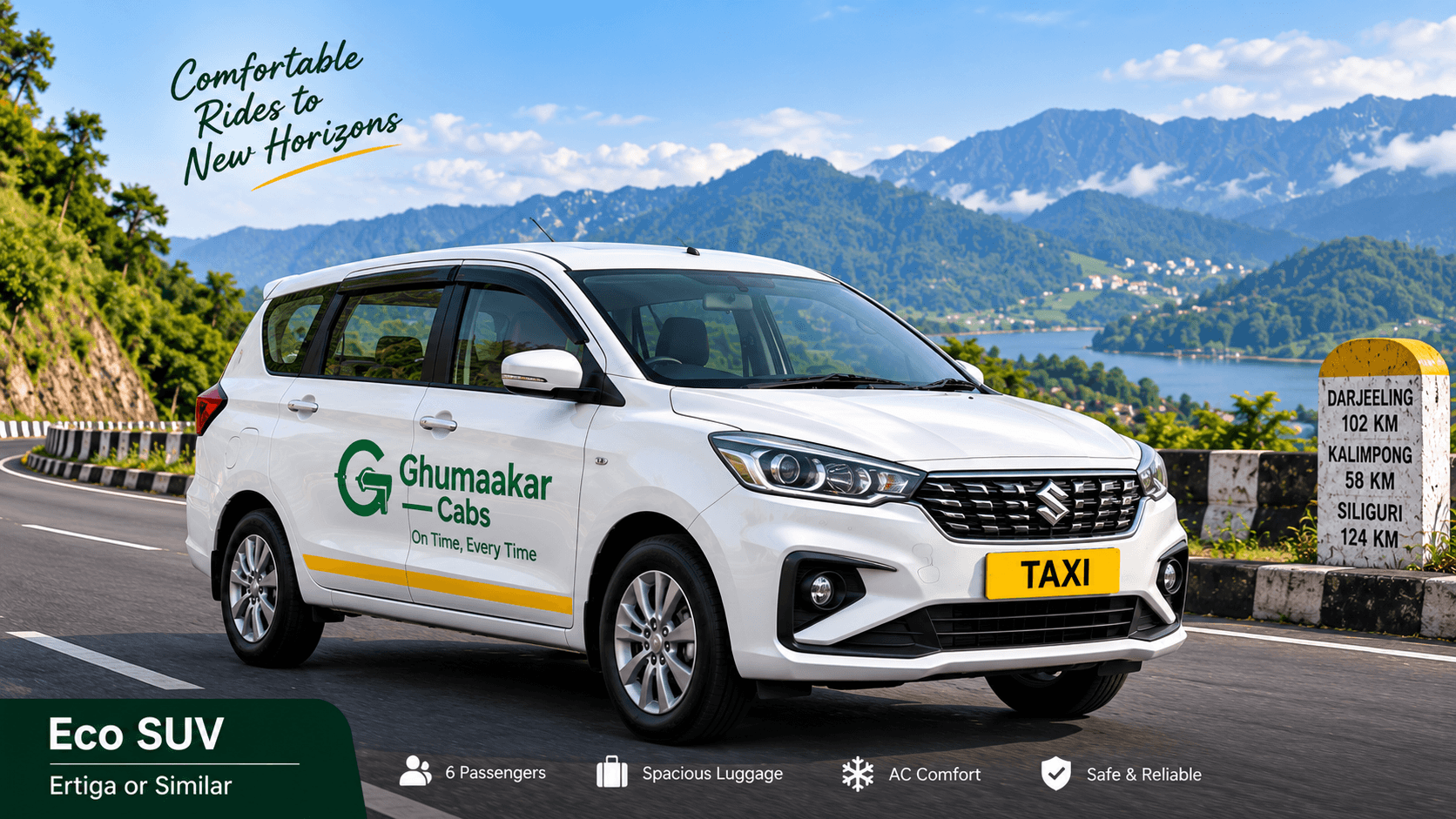 White Ertiga Eco SUV outstation taxi by Ghumaakar Cabs with yellow TAXI plate