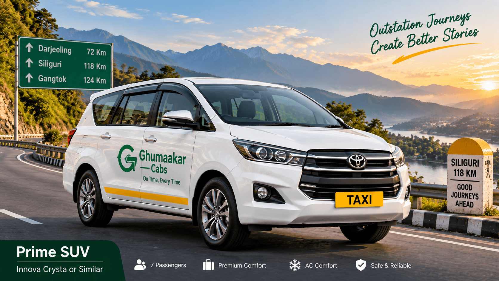 White Innova Crysta Prime SUV outstation taxi by Ghumaakar Cabs with yellow TAXI plate