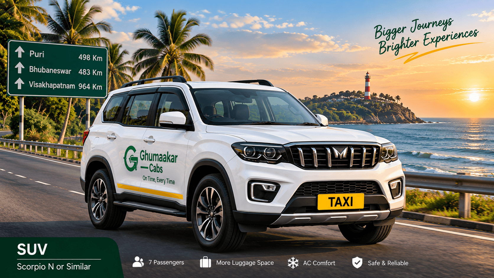 White Scorpio N SUV outstation taxi by Ghumaakar Cabs with yellow commercial TAXI plate