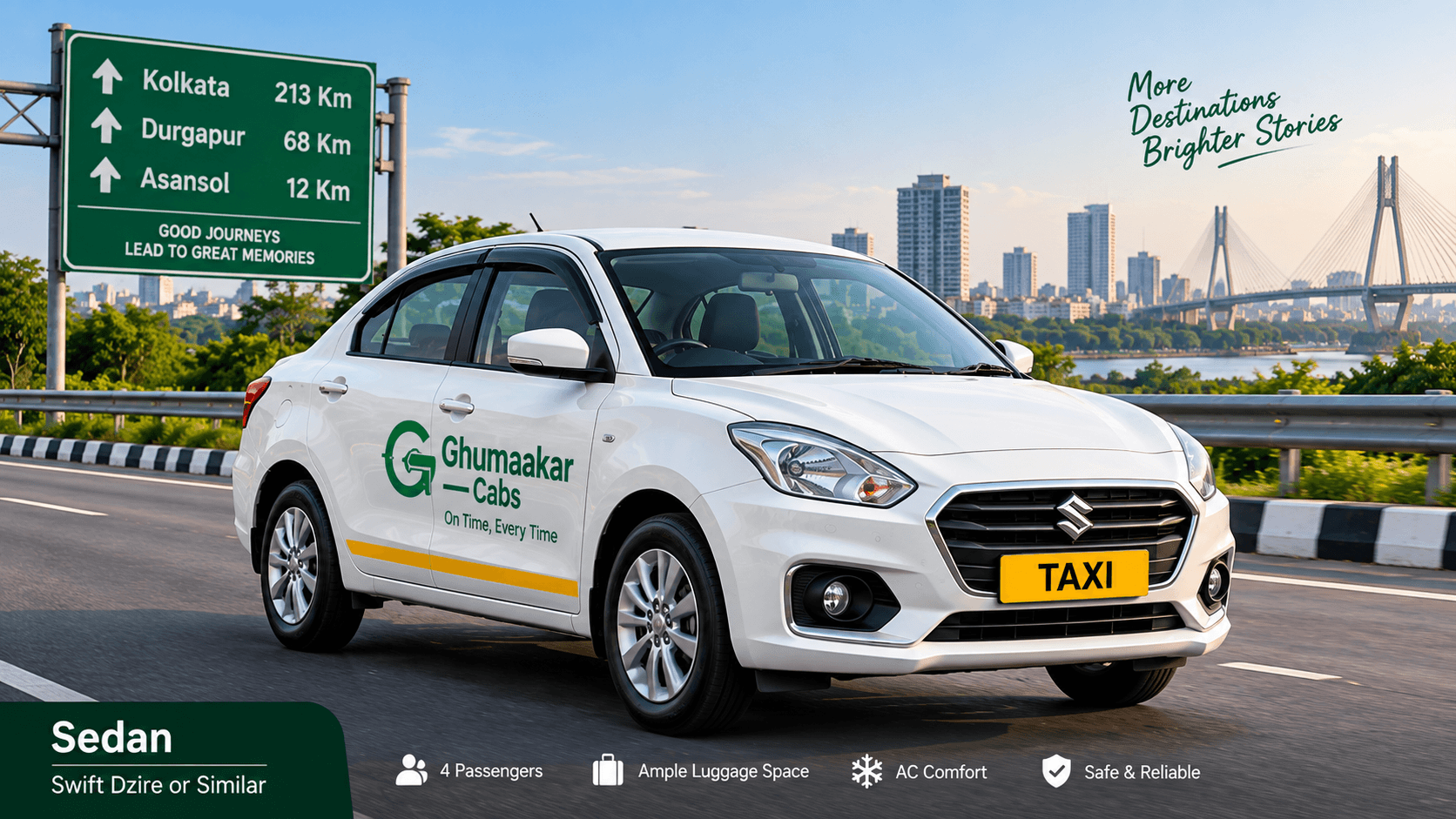 White Swift Dzire outstation taxi by Ghumaakar Cabs with yellow commercial TAXI plate