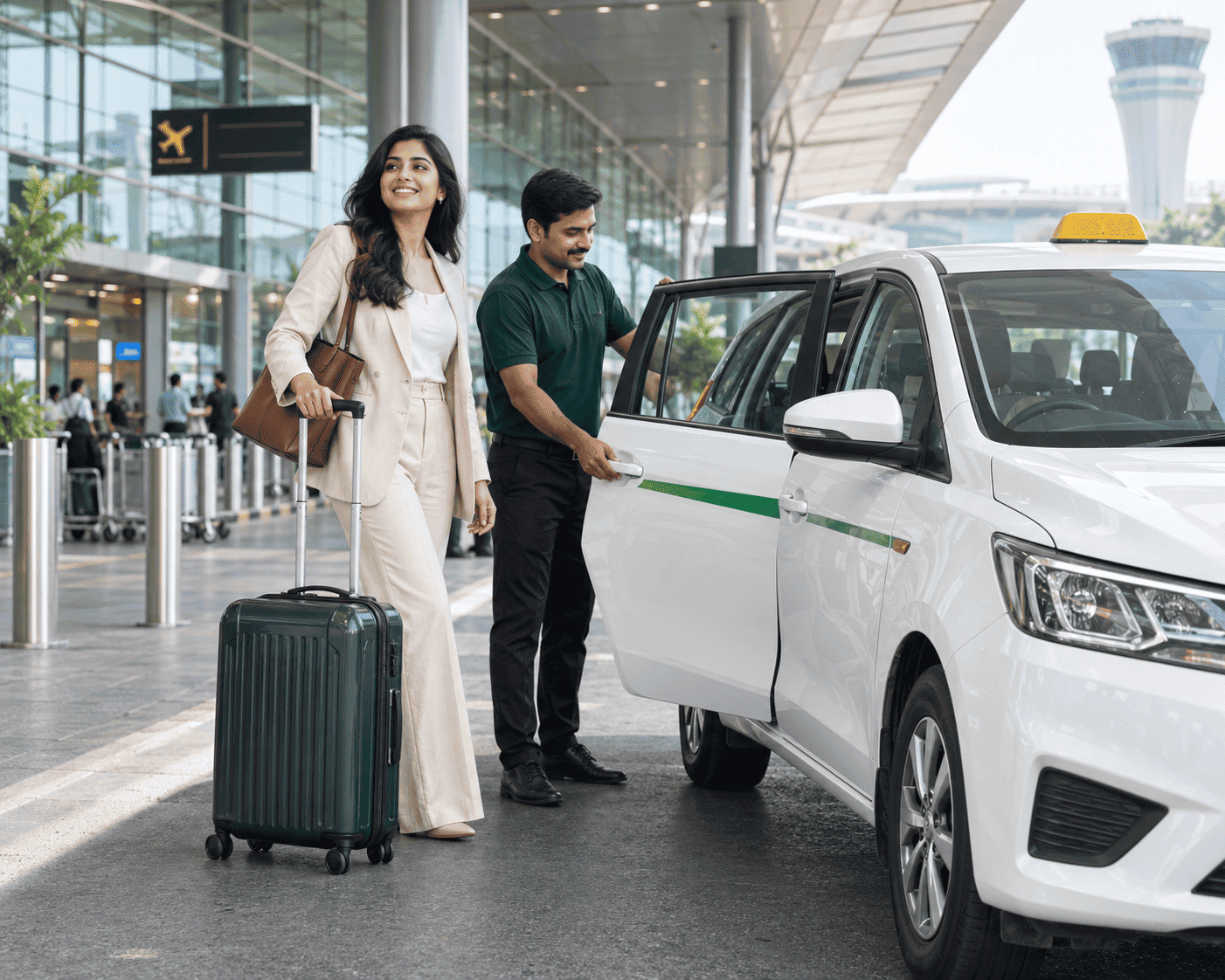 Indian woman using Ghumaakar Cabs airport transfer service